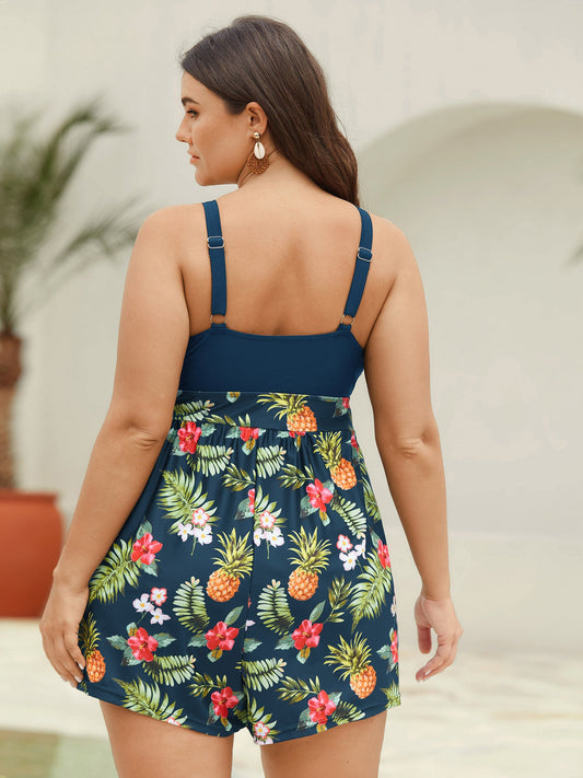 Plus Size Zwempak met Shorts & Bloemenprint