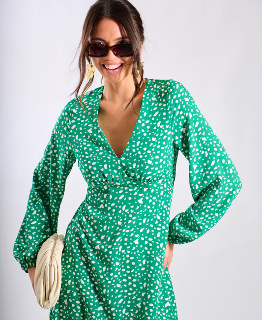 Midi Dress – Groene Jurk met Speelse Print & Elegante V-Hals
