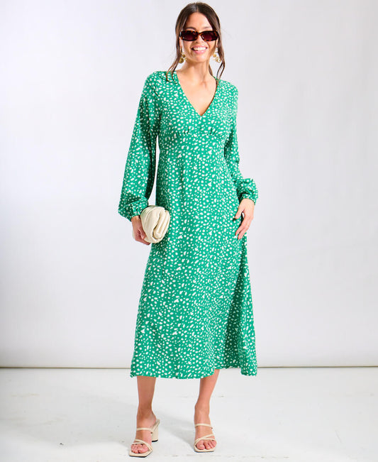 Midi Dress – Groene Jurk met Speelse Print & Elegante V-Hals