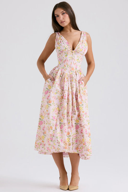 Midi Dress – Zomerse Jurk met Corset-Effect en Romantische Flare