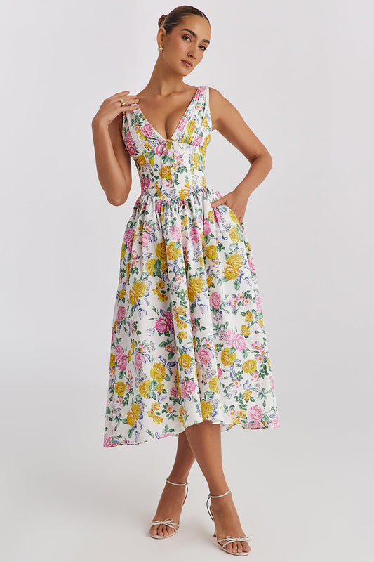 Midi Dress – Zomerse Jurk met Corset-Effect en Romantische Flare